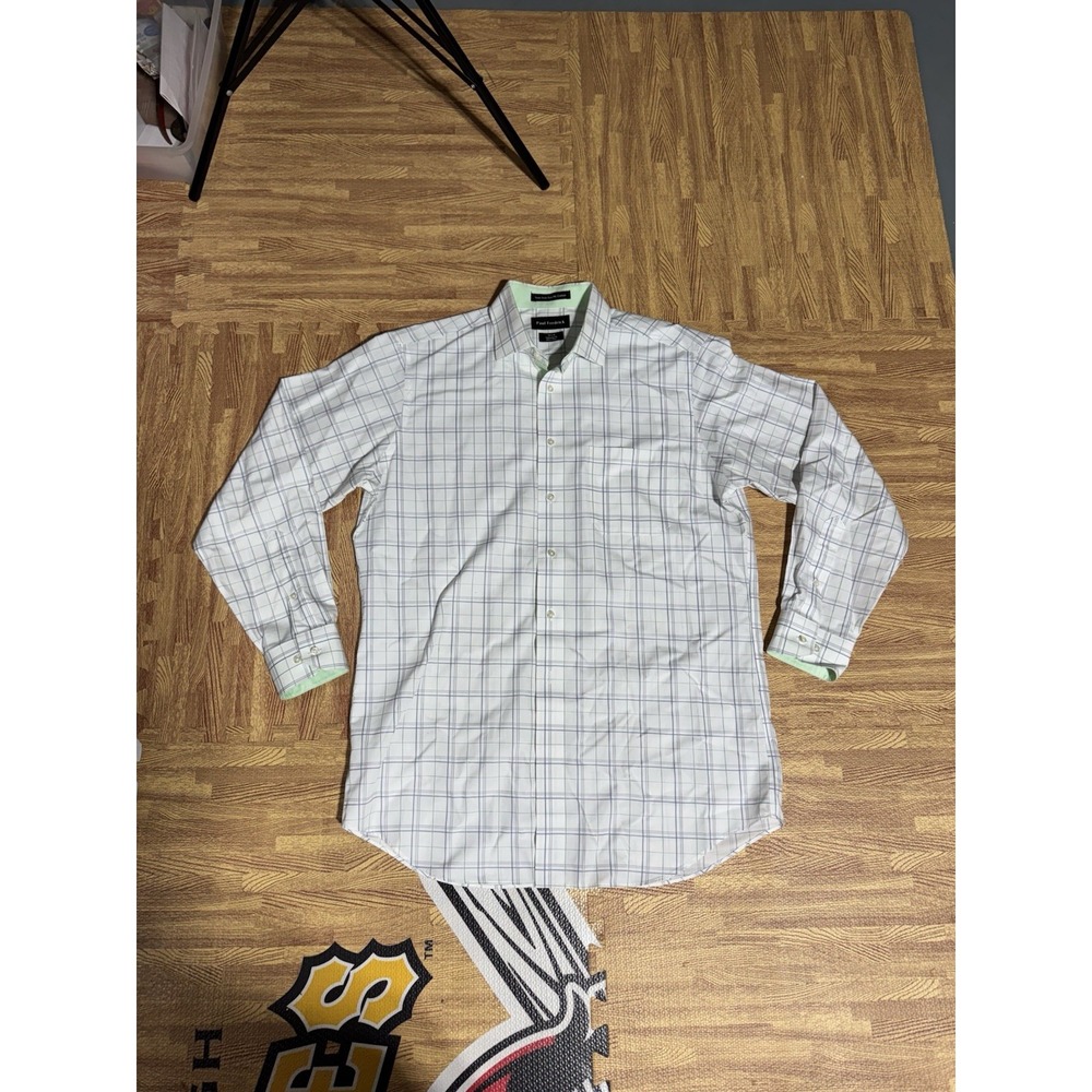 Paul Frederick White Plaid  Dress‎ Shirt Green trim Men's 16x34